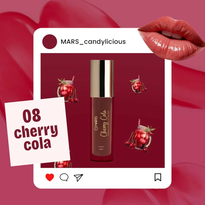 MARS Candylicious Sheer Lip Gloss for Women | Hydrating & High Shine | Lightweight | Non-Sticky | Enriched with Vitamin-E, Hyaluronic Acid & Avocado Ester (4.0ml) (08-CHERRY COLA) - Thumbnail 7